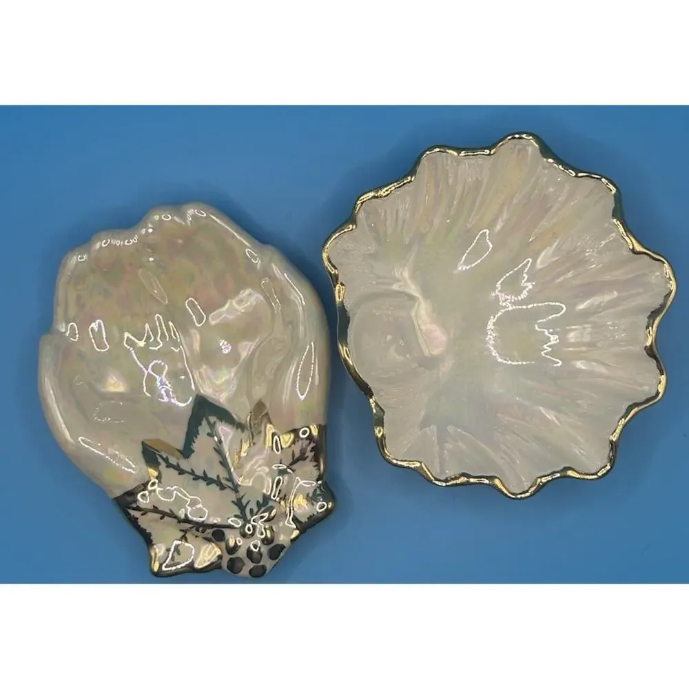 Pair Of 22K Gold Ceramic Iridescent White Signed Leaf & Hands Trinket Dish VTG